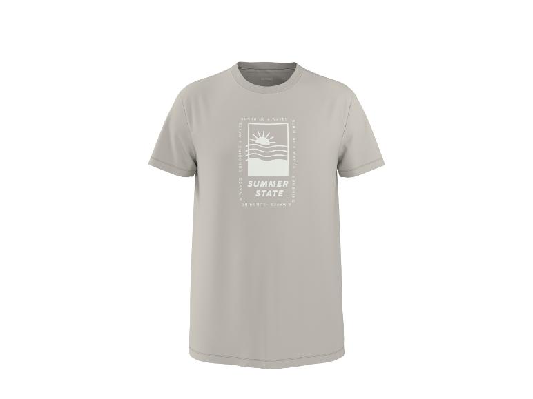 T-shirt beige à manches courtes avec imprimé 'SUMMER STATE' et motifs soleil et vagues.