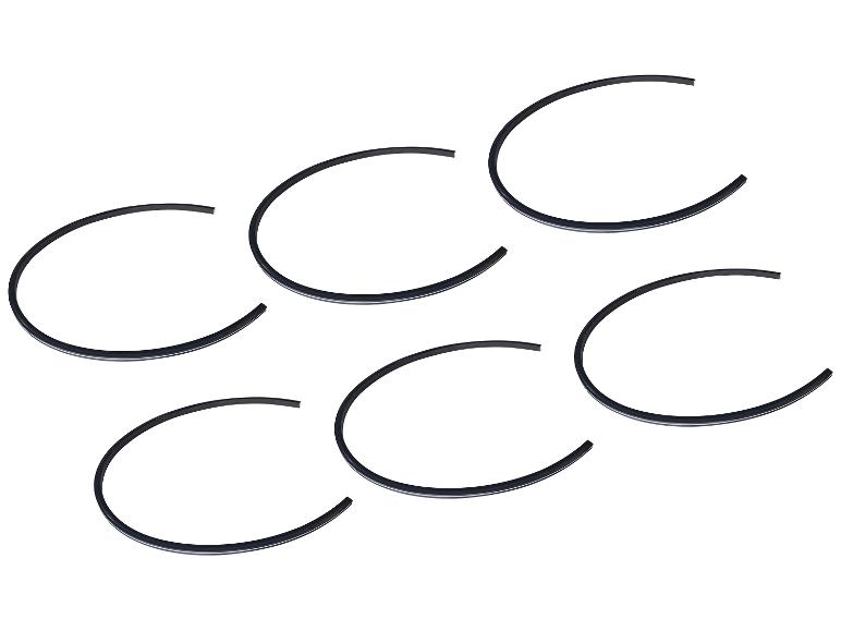 Six bandes d'étanchéité en caoutchouc noir disposées en motif sur fond blanc.