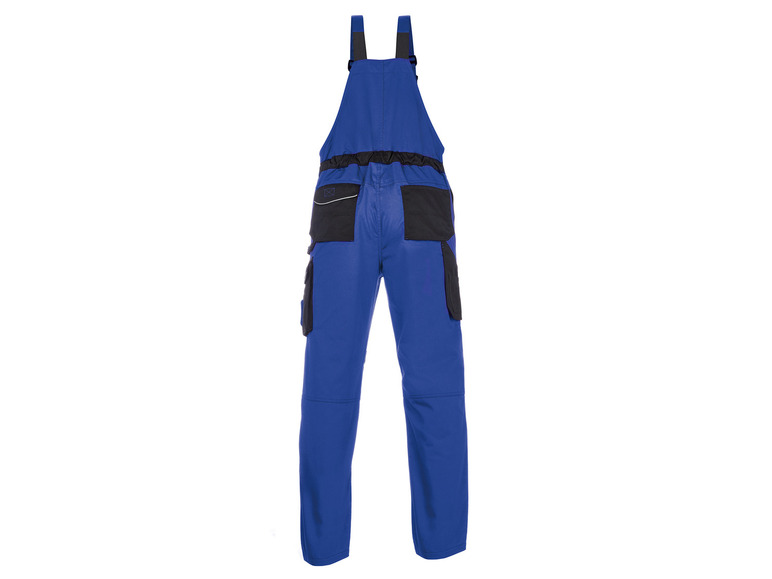 Salopette de travail bleue avec bretelles et plusieurs poches.
