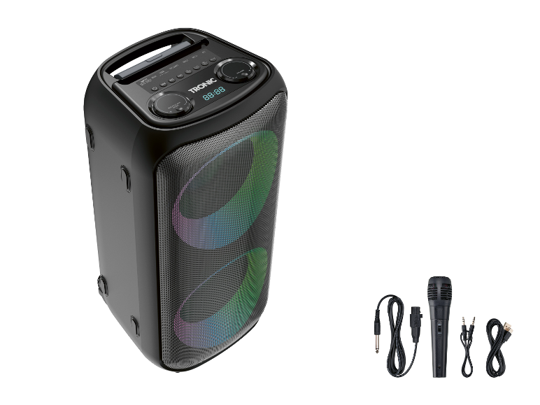 Enceinte de soirée Bluetooth TRONIC® avec microphone et câbles.
