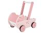 Une poussette en bois rose pour poupées avec des roues.