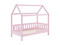 Un lit en bois rose avec une tête de lit en forme de maison.