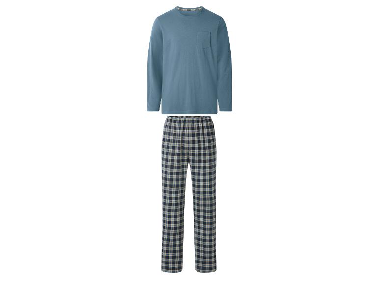 Haut de pyjama bleu à manches longues et pantalon à carreaux.