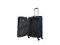 Valise bleue ouverte à roulettes avec poignée télescopique.