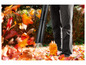 Un homme utilise un souffleur à feuilles pour nettoyer les feuilles mortes en automne.