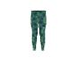 Legging enfant vert foncé à motifs de feuilles tropicales et d'écussons roses.