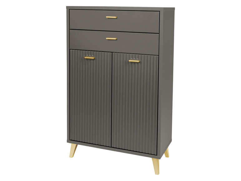 Une armoire gris foncé avec deux portes et deux tiroirs.