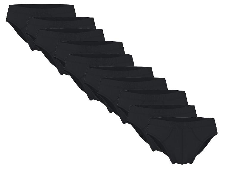 Lot de dix slips noirs pour hommes, empilés en diagonale.