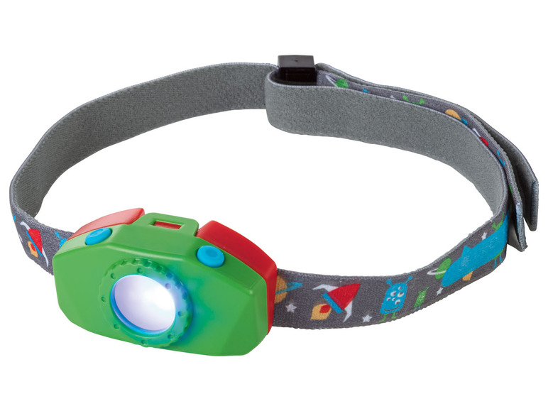 Une lampe frontale pour enfant verte avec un thème spatial.