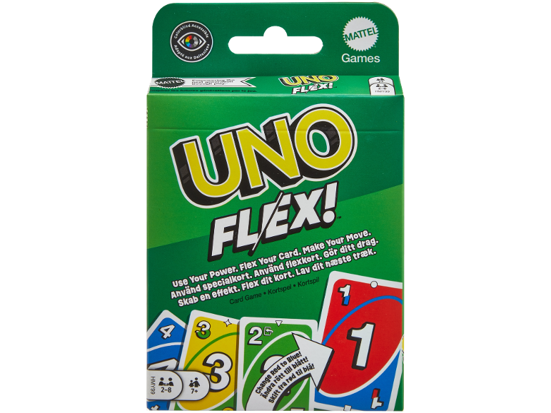 Jeu de cartes vert avec le logo 'UNO Flex!' et des cartes de jeu colorées.