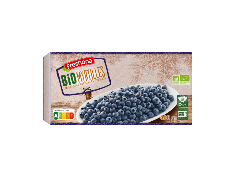 Paquet de myrtilles BIO surgelées, 400g, avec Nutri-Score A et instructions de préparation.