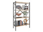 Une étagère en bois avec une structure en acier, remplie de livres et d'objets décoratifs.