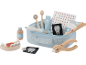 Kit de dentiste en bois avec dents, outils et sac en tissu bleu clair.
