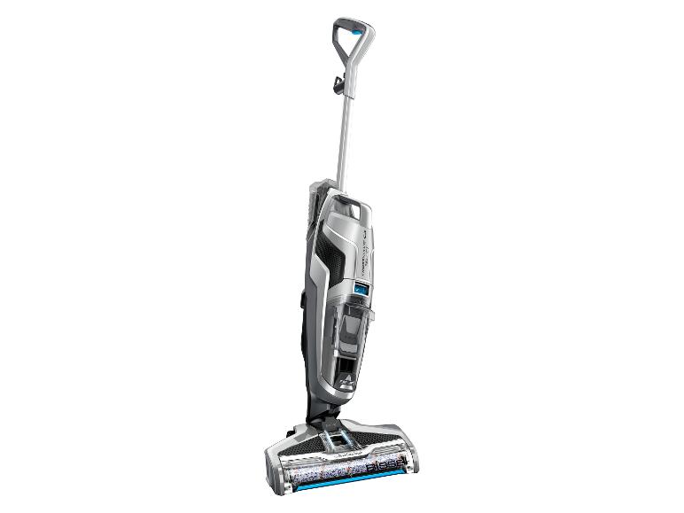 Nettoyeur de sols vertical multi-surfaces avec brosse rotative, argent et noir.