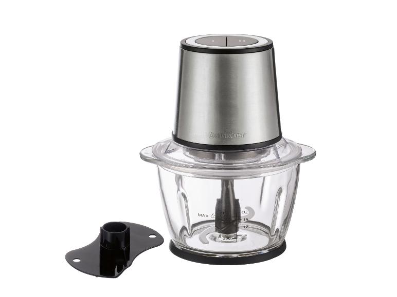 Hachoir de cuisine avec bol en verre et deux boutons de commande.