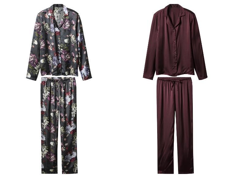 Deux ensembles de pyjamas en satin: un floral gris et un uni, bordeaux.