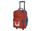 Valise roulante enfant, motif renard, rouge et bleu.