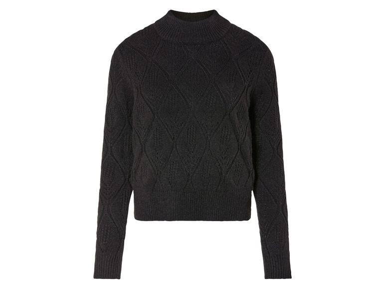 Un pull noir à col roulé avec un motif en câble.