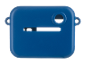 Étui bleu pour appareil photo avec fente rectangulaire et trou rond.
