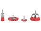 Quatre brosses rouges pour perceuse, de différentes formes et tailles.
