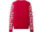 Dos d'un pull de Noël rouge avec des manches à motifs comprenant le texte 'HO!' et des flocons de neige.