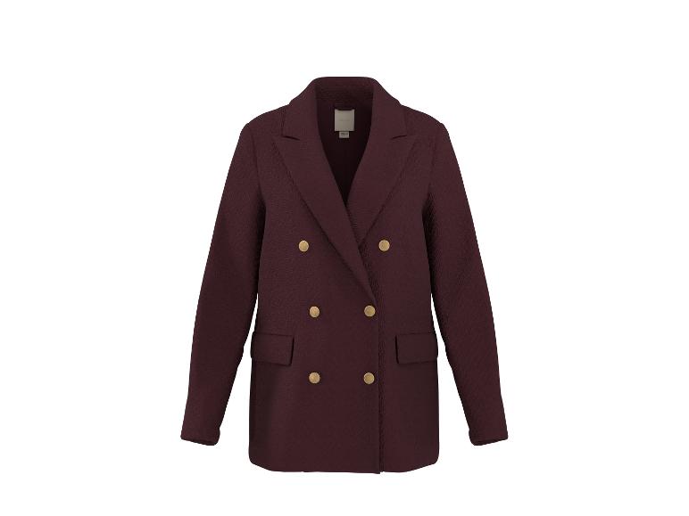 Veste femme bordeaux à double boutonnage avec boutons dorés.