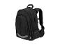 Sac à dos noir avec plusieurs compartiments et détails réfléchissants.
