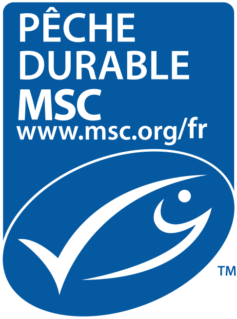 Label bleu avec un poisson et le texte 'PÊCHE DURABLE'