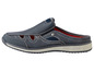 Des tongs bleues pour hommes avec une semelle intérieure blanche.