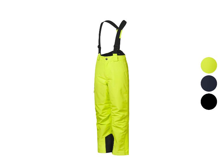Pantalon de ski jaune fluo avec bretelles noires et options de couleur.