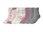 Lot de 7 paires de chaussettes pour enfants avec motifs licornes et rayures roses et grises.