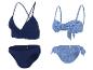 Deux ensembles de bikinis pour femmes : un bleu foncé côtelé, un bleu clair à imprimé floral.