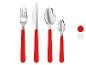 Ensemble de couverts à manches rouges : fourchette, couteau, grande et petite cuillère.