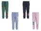 Quatre pantalons de survêtement pour enfants en vert, bleu, marine et rose avec divers imprimés de personnages.
