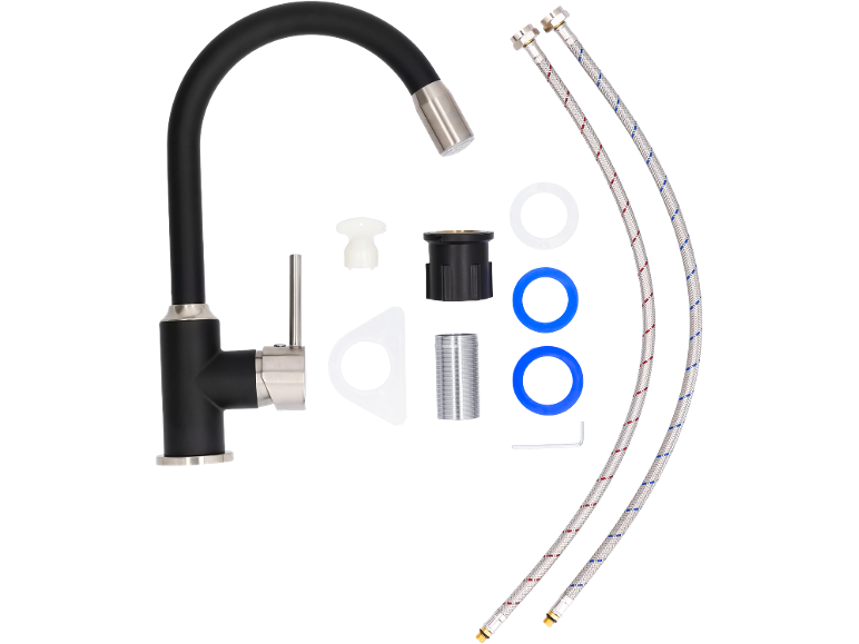 Robinet de cuisine noir avec bec flexible et accessoires d'installation