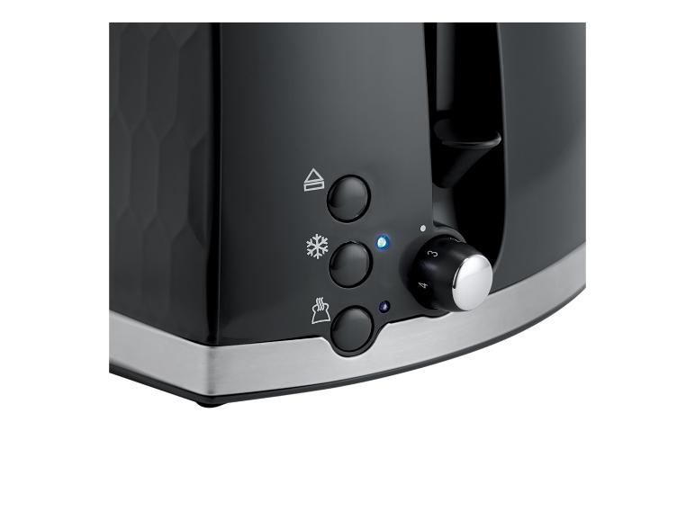 Grille-pain noir avec boutons de décongélation, réchauffage et annulation, et un cadran de contrôle du dorage.