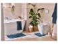 Salle de bain avec baignoire blanche, toilettes, tapis et serviettes de bain bleus, et plantes vertes.