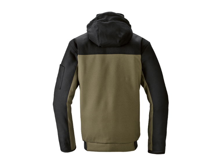 Veste d'extérieur bicolore pour homme, vert olive et noir, avec capuche.