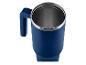 Mug isotherme bleu avec anse et intérieur en acier inoxydable, vue de dessus.