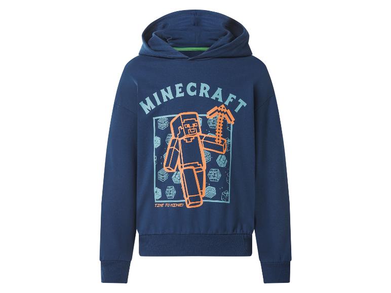 Sweat à capuche bleu marine avec impression de personnage de jeu et texte „Minecraft”.