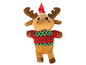Un renne en peluche avec un bonnet de Père Noël et un pull de Noël.