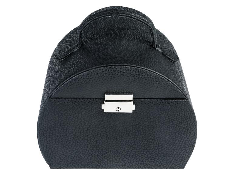Une boîte à bijoux en cuir noir avec une poignée.
