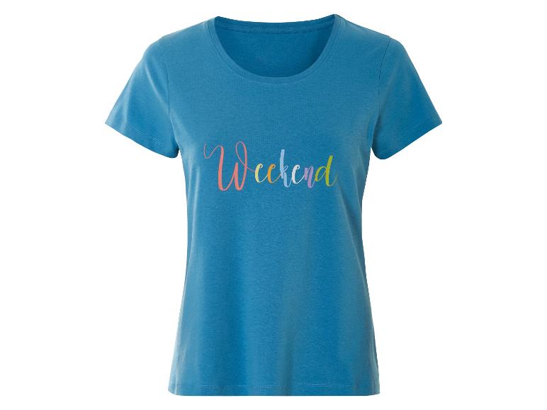 T-shirt bleu femme avec inscription "Weekend" multicolore.