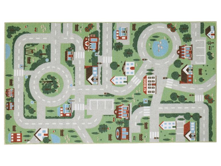 Tapis de jeu pour enfants avec carte de ville, routes, maisons et école.