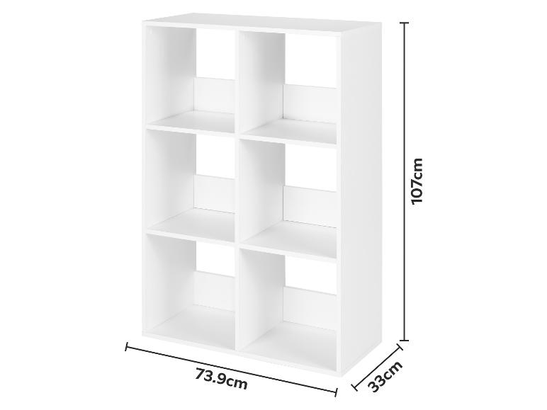 Étagère de rangement blanche à 6 compartiments, mesurant 107x73.9x33cm.