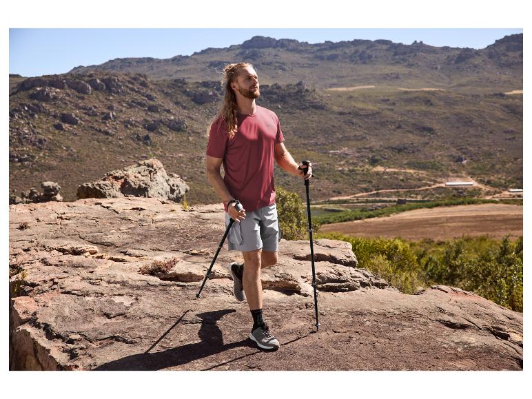 Homme en t-shirt et short de randonnée, avec bâtons de trekking, dans un paysage montagneux.