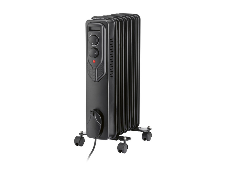 Un radiateur électrique noir avec des roulettes.