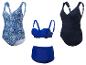 Maillots de bain une pièce, bikini et bas de maillot de bain bleu marine et bleu à motifs paisley.