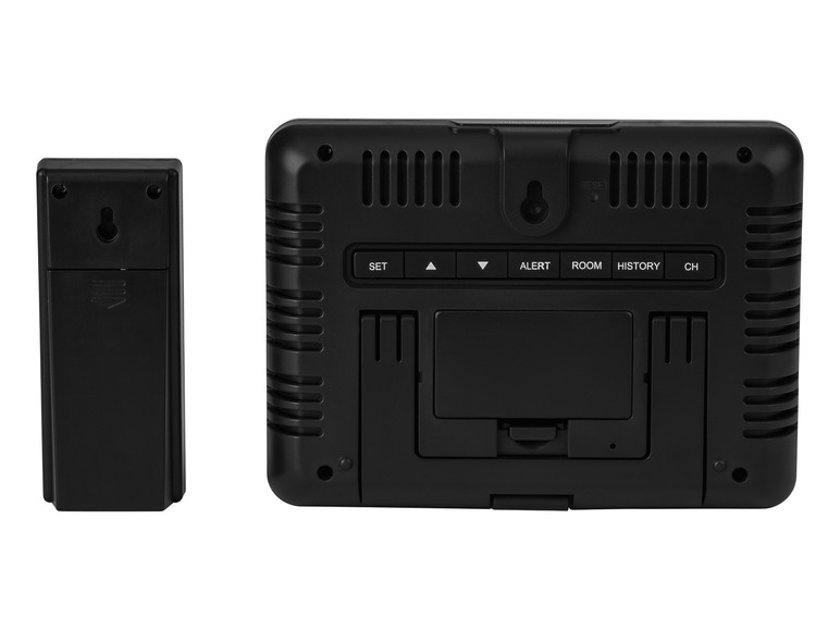 Un thermomètre hygromètre sans fil noir avec un capteur externe.