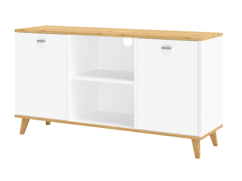 Meuble TV moderne blanc avec détails et pieds en bois
